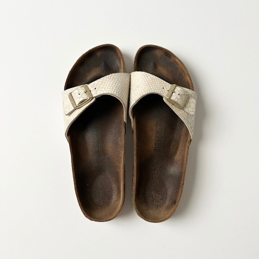Birkenstock Madrid Sandals Suede Leather Cream Snake Iridescent Size EU 40 US 9